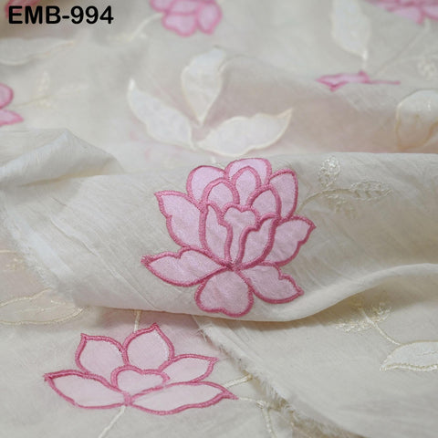 Pink Floral Embroidered Cotton Fabric - Indian Sewing Fabric, 44" Wide