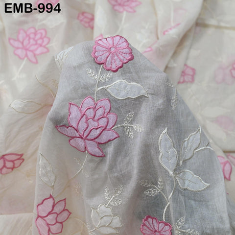 Pink Floral Embroidered Cotton Fabric - Indian Sewing Fabric, 44" Wide