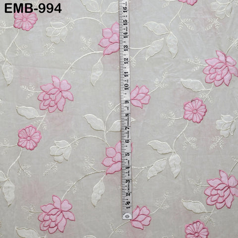 Pink Floral Embroidered Cotton Fabric - Indian Sewing Fabric, 44" Wide