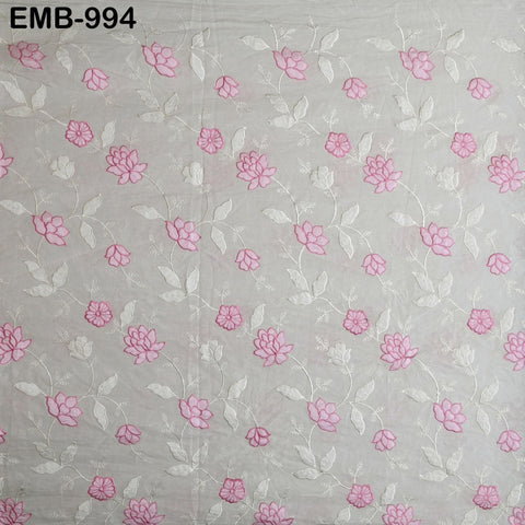 Pink Floral Embroidered Cotton Fabric - Indian Sewing Fabric, 44" Wide