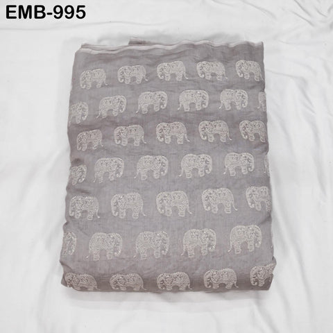 Grey Elephant Embroidery Chanderi Fabric - Indian Sewing Embroidered Fabric, 44" Wide
