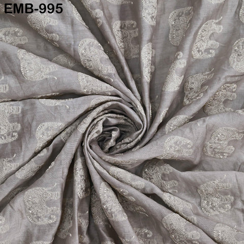 Grey Elephant Embroidery Chanderi Fabric - Indian Sewing Embroidered Fabric, 44" Wide