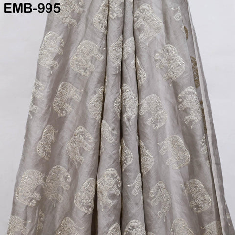 Grey Elephant Embroidery Chanderi Fabric - Indian Sewing Embroidered Fabric, 44" Wide