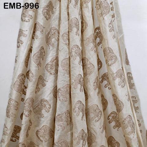Beige Elephant Embroidery Chanderi Fabric - Indian Sewing Embroidered Fabric, 44" Wide