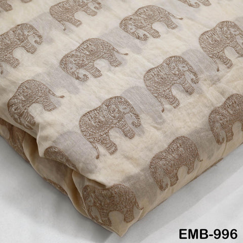 Beige Elephant Embroidery Chanderi Fabric - Indian Sewing Embroidered Fabric, 44" Wide