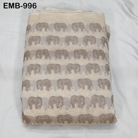 Beige Elephant Embroidery Chanderi Fabric - Indian Sewing Embroidered Fabric, 44" Wide