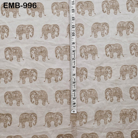 Beige Elephant Embroidery Chanderi Fabric - Indian Sewing Embroidered Fabric, 44" Wide