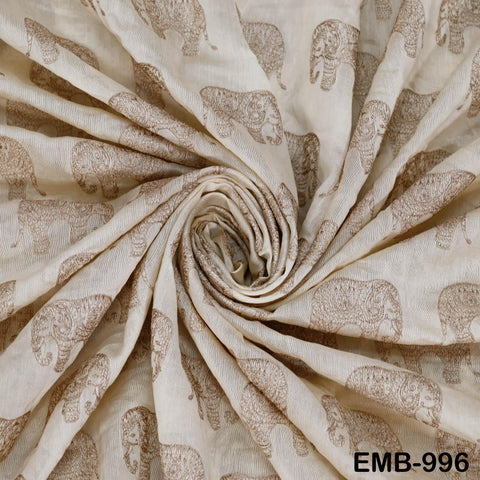 Beige Elephant Embroidery Chanderi Fabric - Indian Sewing Embroidered Fabric, 44" Wide