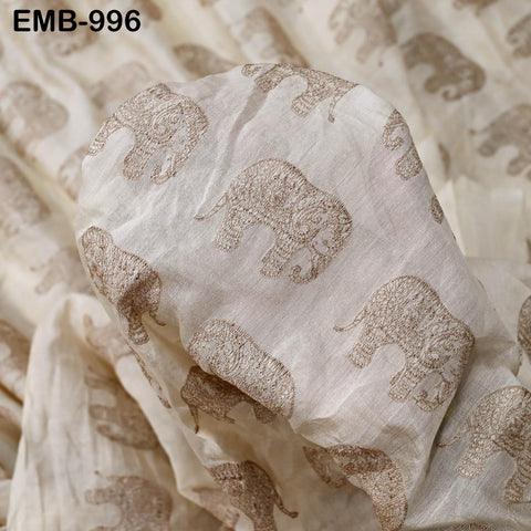 Beige Elephant Embroidery Chanderi Fabric - Indian Sewing Embroidered Fabric, 44" Wide