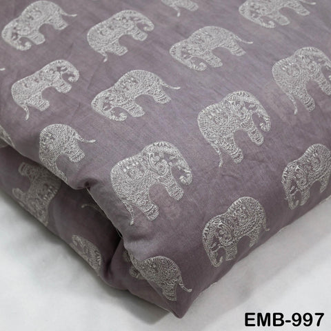 Mauve Elephant Embroidery Chanderi Fabric - Indian Sewing Embroidered Fabric, 44" Wide