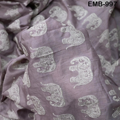 Mauve Elephant Embroidery Chanderi Fabric - Indian Sewing Embroidered Fabric, 44" Wide