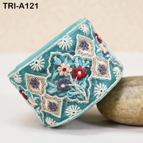 9 Yard Floral Embroidery Ribbon 65mm Dog Collar Tote Bags, Lampshades Theatrical Costumes Crafting Holidays Wreaths Green Indian Embroidered