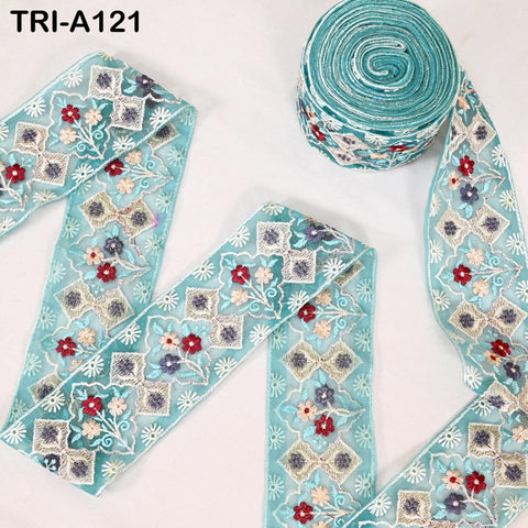9 Yard Floral Embroidery Ribbon 65mm Dog Collar Tote Bags, Lampshades Theatrical Costumes Crafting Holidays Wreaths Green Indian Embroidered