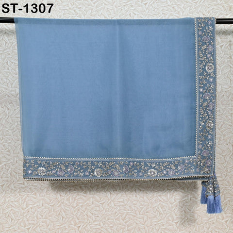 Sky Blue Dupatta Hand Embroidery Silk Organza Dupatta Lightweight Indian Bridal Wedding Lehenga Women Chunni Veil Scarf Dress Gift Mom
