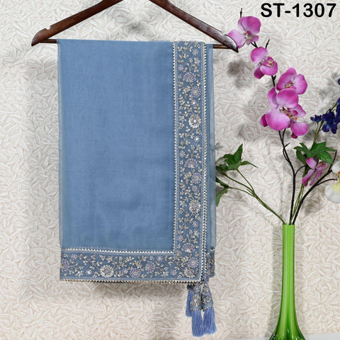 Sky Blue Dupatta Hand Embroidery Silk Organza Dupatta Lightweight Indian Bridal Wedding Lehenga Women Chunni Veil Scarf Dress Gift Mom