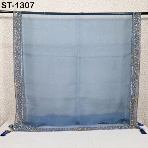 Sky Blue Dupatta Hand Embroidery Silk Organza Dupatta Lightweight Indian Bridal Wedding Lehenga Women Chunni Veil Scarf Dress Gift Mom