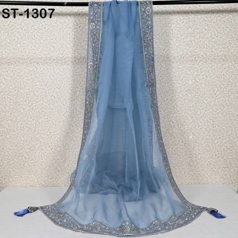 Sky Blue Dupatta Hand Embroidery Silk Organza Dupatta Lightweight Indian Bridal Wedding Lehenga Women Chunni Veil Scarf Dress Gift Mom