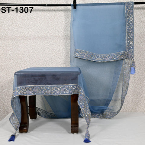 Sky Blue Dupatta Hand Embroidery Silk Organza Dupatta Lightweight Indian Bridal Wedding Lehenga Women Chunni Veil Scarf Dress Gift Mom