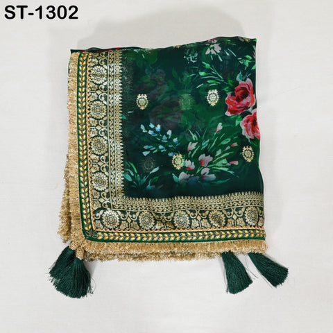 Green Floral Organza Dupatta Gold Brocade Border | Indian Printed Wedding Scarf | Women's Party Wear Lightweight Dupatta, Ethnic Bridal Veil