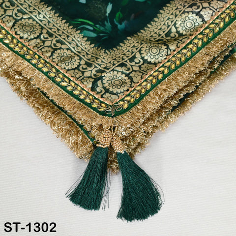 Green Floral Organza Dupatta Gold Brocade Border | Indian Printed Wedding Scarf | Women's Party Wear Lightweight Dupatta, Ethnic Bridal Veil