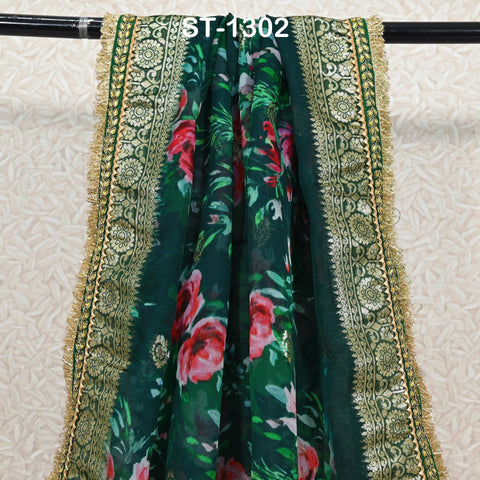 Green Floral Organza Dupatta Gold Brocade Border | Indian Printed Wedding Scarf | Women's Party Wear Lightweight Dupatta, Ethnic Bridal Veil