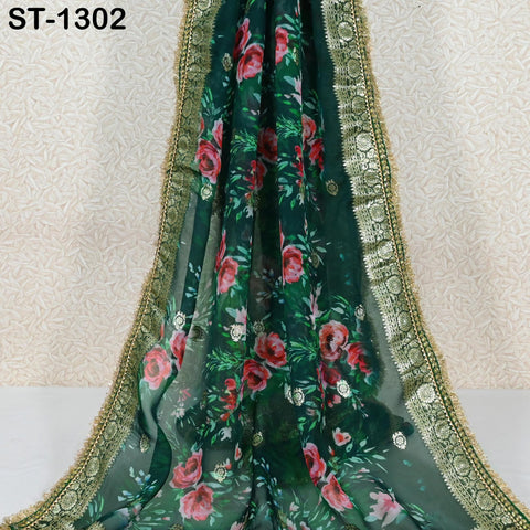 Green Floral Organza Dupatta Gold Brocade Border | Indian Printed Wedding Scarf | Women's Party Wear Lightweight Dupatta, Ethnic Bridal Veil