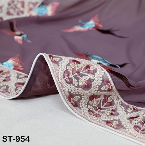 Mauve Parsi Gara Dupatta, Embroidered Stoles, Georgette Long Chunni, Bridal Veil Lehenga Embroidery Indian long Stole Bridesmaid Gift