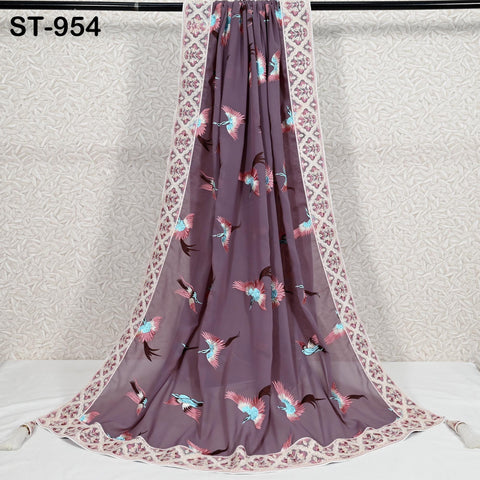 Mauve Parsi Gara Dupatta, Embroidered Stoles, Georgette Long Chunni, Bridal Veil Lehenga Embroidery Indian long Stole Bridesmaid Gift