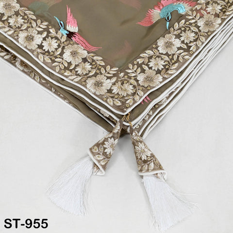 Greyish Brown Parsi Gara Dupatta, Embroidered Stoles Georgette Long Chunni, Bridal Veil Lehenga Embroidery Indian long Stole Bridesmaid Gift