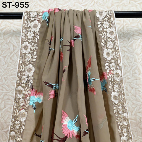 Greyish Brown Parsi Gara Dupatta, Embroidered Stoles Georgette Long Chunni, Bridal Veil Lehenga Embroidery Indian long Stole Bridesmaid Gift