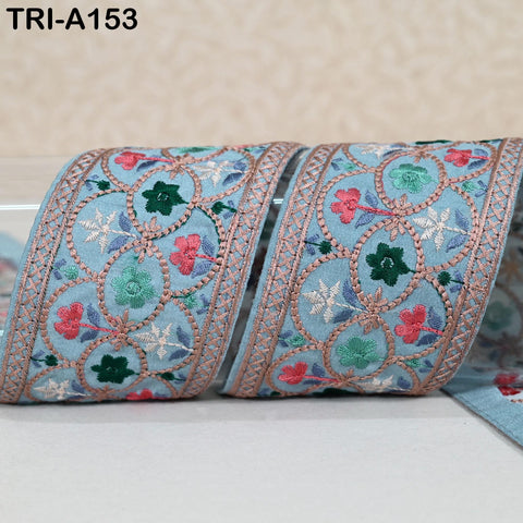 9 Yard Blue Embroidery Ribbons 6cm Indian Sari Border Embroidered Crafting Sewing Tablecloth Lampshade making Home Decor Costumes Trimmings