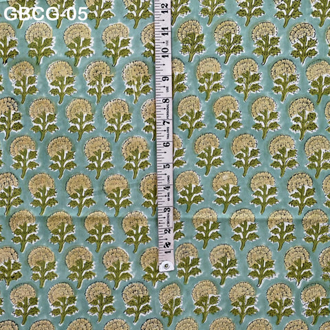 Block-Printed Floral Cotton Fabric, Summer Dress Sewing Material by the Yard, Sage Green