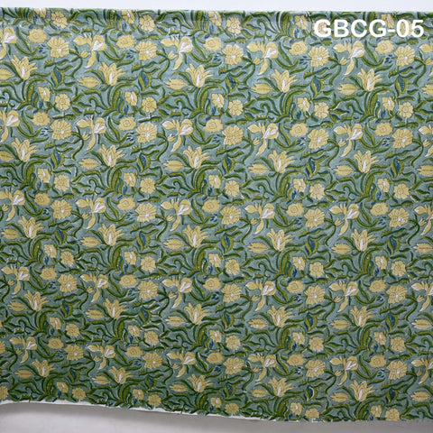 Block-Printed Floral Cotton Fabric, Summer Dress Sewing Material by the Yard, Sage Green