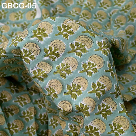 Block-Printed Floral Cotton Fabric, Summer Dress Sewing Material by the Yard, Sage Green