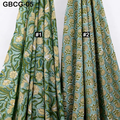 Block-Printed Floral Cotton Fabric, Summer Dress Sewing Material by the Yard, Sage Green