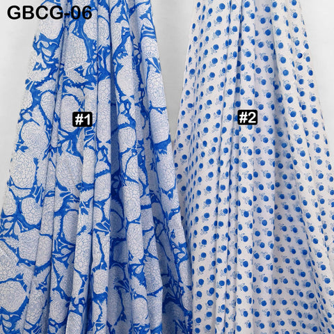 Block-Printed Floral Cotton Fabric, Summer Dress, Sleepwear Pajamas Sewing Material by the Yard, White and Blue
