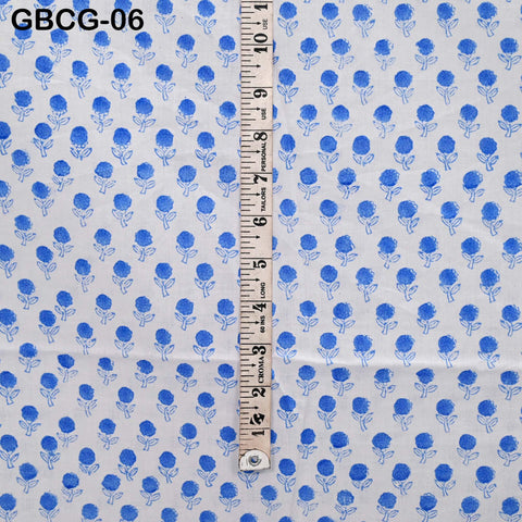 Block-Printed Floral Cotton Fabric, Summer Dress, Sleepwear Pajamas Sewing Material by the Yard, White and Blue