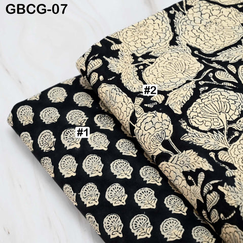 Block-Printed Floral Cotton Fabric, Summer Dress, Sleepwear Pajamas Sewing Material by the Yard, Black and Beige