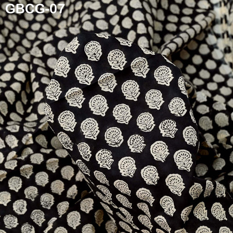 Block-Printed Floral Cotton Fabric, Summer Dress, Sleepwear Pajamas Sewing Material by the Yard, Black and Beige