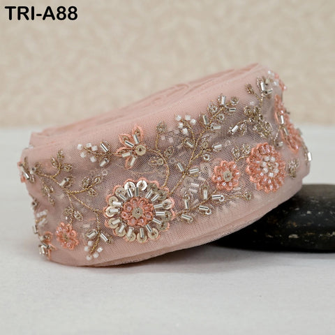 9 Yard Peach Indian Embroidery Ribbon Beaded Trim Sari Border DIY Craft Lampshade Regency Reticules Victorian Handbags Junk Journal 5cm