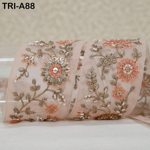 9 Yard Peach Indian Embroidery Ribbon Beaded Trim Sari Border DIY Craft Lampshade Regency Reticules Victorian Handbags Junk Journal 5cm