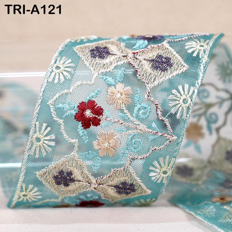 9 Yard Floral Embroidery Ribbon 65mm Dog Collar Tote Bags, Lampshades Theatrical Costumes Crafting Holidays Wreaths Green Indian Embroidered