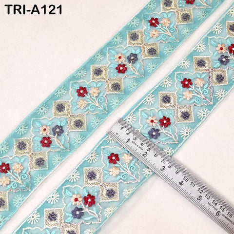 9 Yard Floral Embroidery Ribbon 65mm Dog Collar Tote Bags, Lampshades Theatrical Costumes Crafting Holidays Wreaths Green Indian Embroidered
