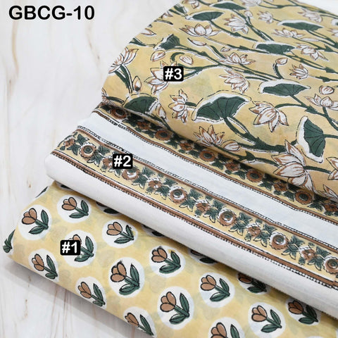 Block Printed Floral Cotton Fabric, Summer Dress, Sleepwear Pajamas Sewing Material by the Yard, Pale Yellow and Green