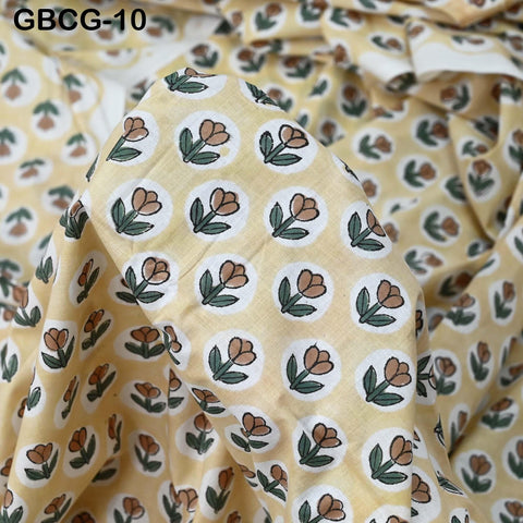 Block Printed Floral Cotton Fabric, Summer Dress, Sleepwear Pajamas Sewing Material by the Yard, Pale Yellow and Green