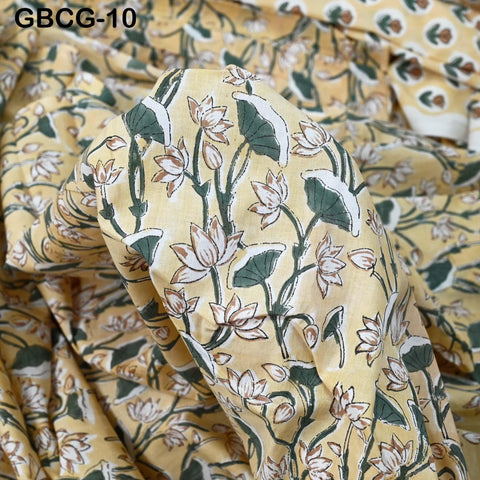 Block Printed Floral Cotton Fabric, Summer Dress, Sleepwear Pajamas Sewing Material by the Yard, Pale Yellow and Green