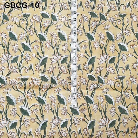 Block Printed Floral Cotton Fabric, Summer Dress, Sleepwear Pajamas Sewing Material by the Yard, Pale Yellow and Green