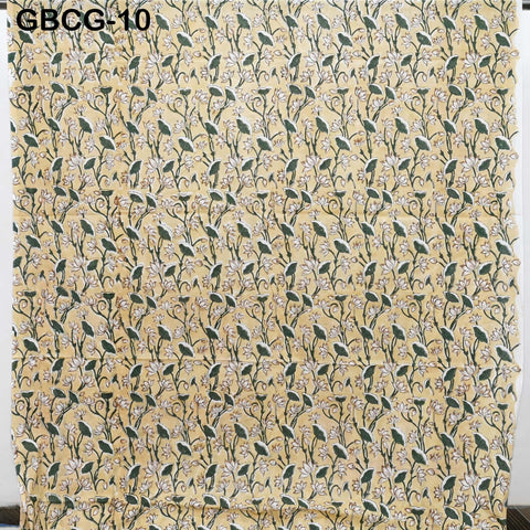 Block Printed Floral Cotton Fabric, Summer Dress, Sleepwear Pajamas Sewing Material by the Yard, Pale Yellow and Green