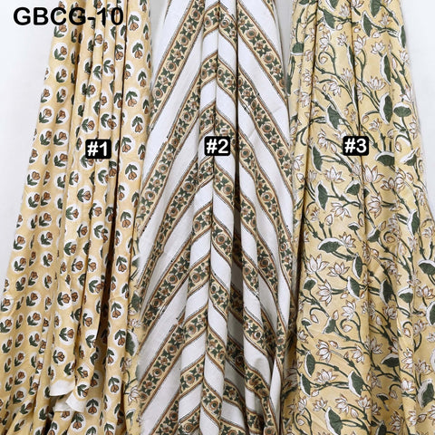 Block Printed Floral Cotton Fabric, Summer Dress, Sleepwear Pajamas Sewing Material by the Yard, Pale Yellow and Green