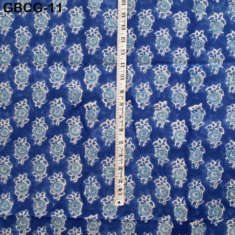 Block-Printed Floral Cotton Fabric, Women Summer Dress, Sleepwear Kids Pajamas Sewing Material by the Yard, White and Blue